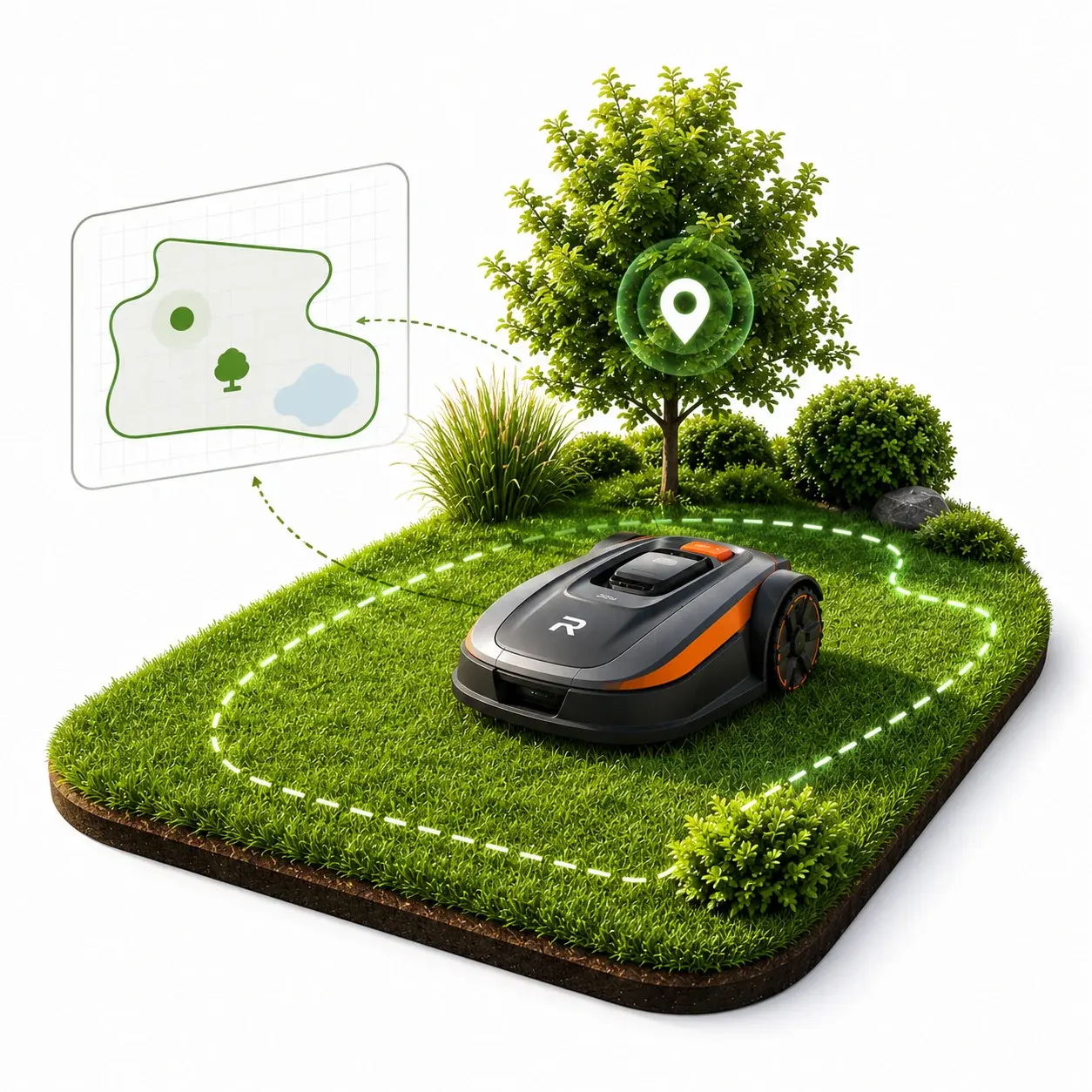 Robot mower navigating a mapped residential lawn