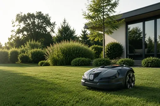 Husqvarna robot mower on a green lawn